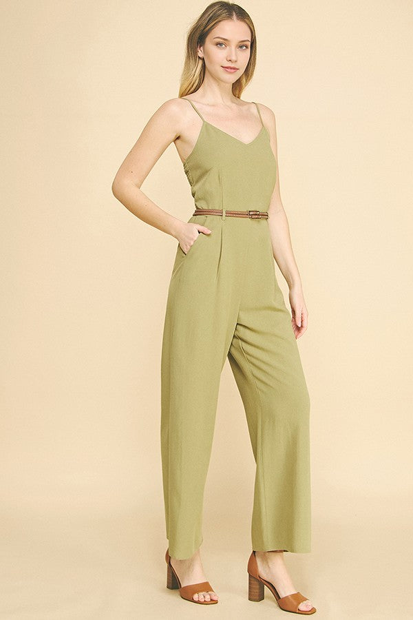 Linen Brown Leather Double Belted Smocked Back Cami Jumpsuit
