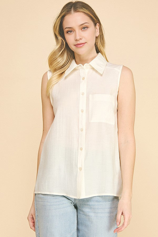 Lawn Linen Oversized Sleeveless Single Pocket Shirt Blouse