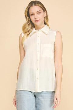Lawn Linen Oversized Sleeveless Single Pocket Shirt Blouse