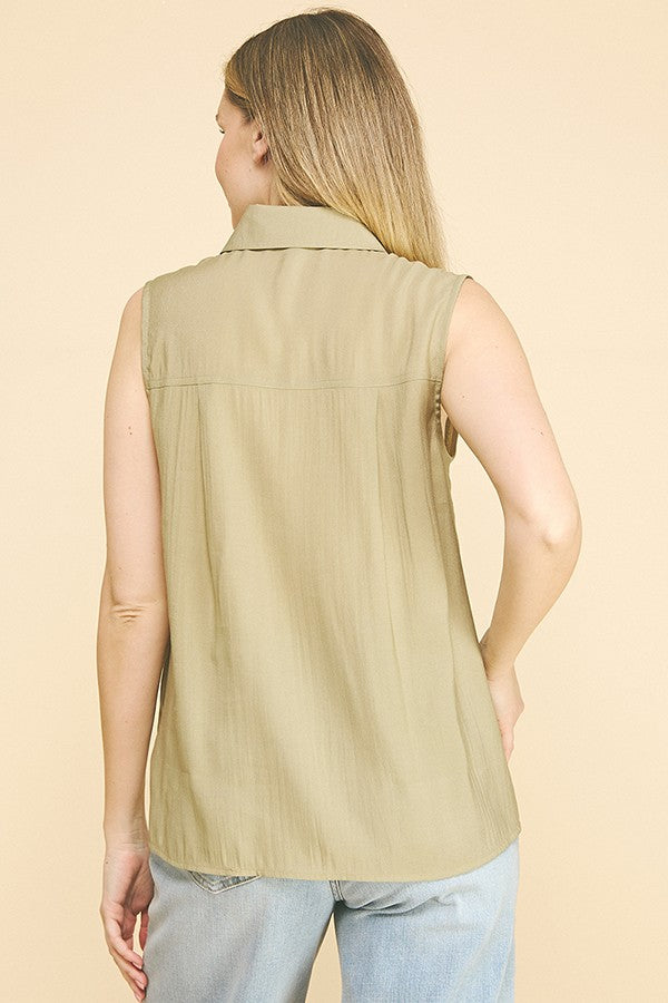 Lawn Linen Oversized Sleeveless Single Pocket Shirt Blouse