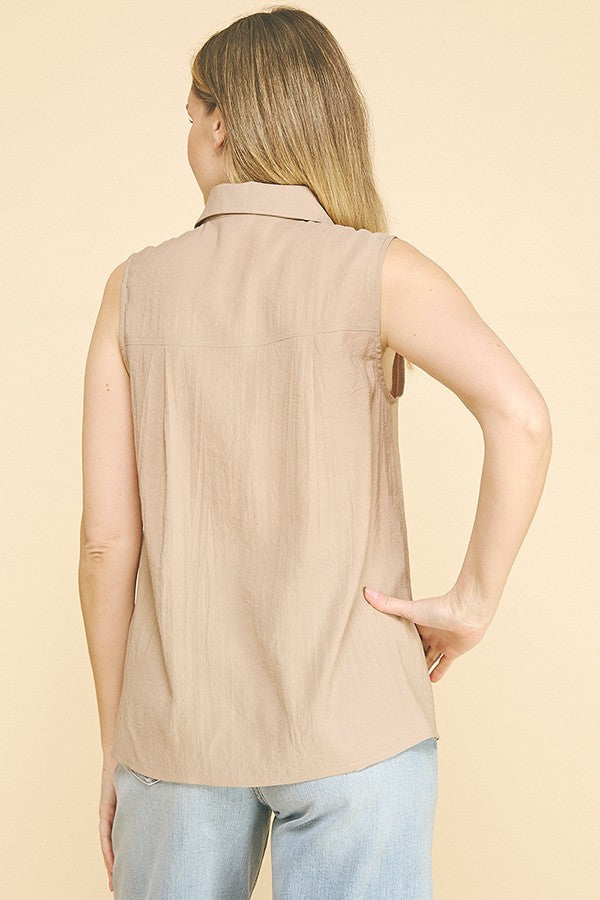 Lawn Linen Oversized Sleeveless Single Pocket Shirt Blouse
