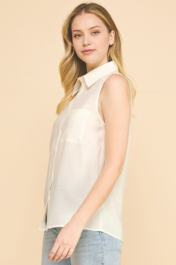 Lawn Linen Oversized Sleeveless Single Pocket Shirt Blouse