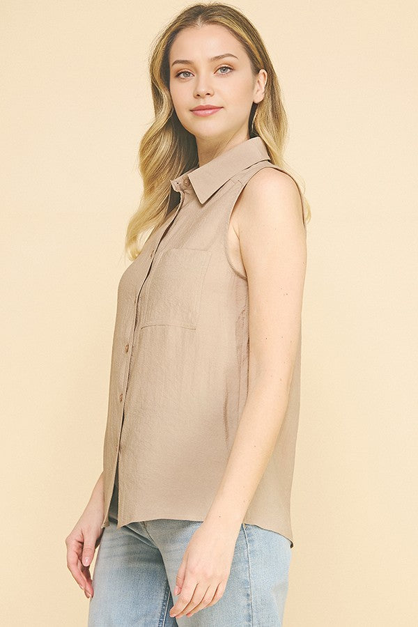 Lawn Linen Oversized Sleeveless Single Pocket Shirt Blouse