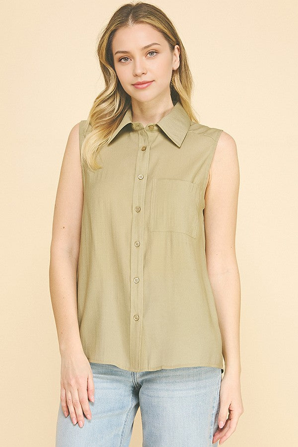 Lawn Linen Oversized Sleeveless Single Pocket Shirt Blouse