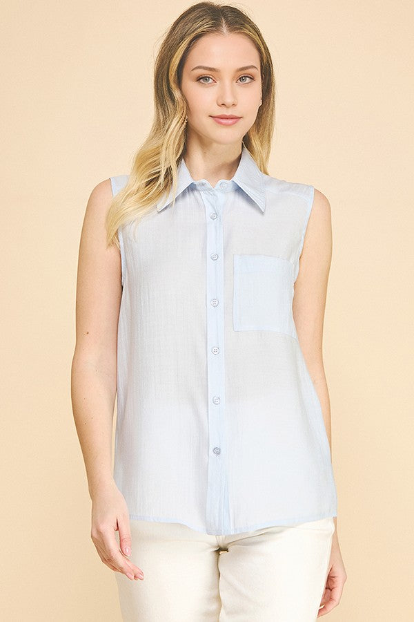 Lawn Linen Oversized Sleeveless Single Pocket Shirt Blouse