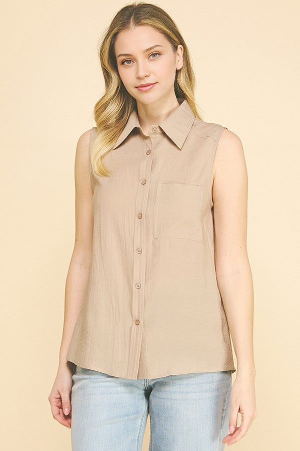 Lawn Linen Oversized Sleeveless Single Pocket Shirt Blouse