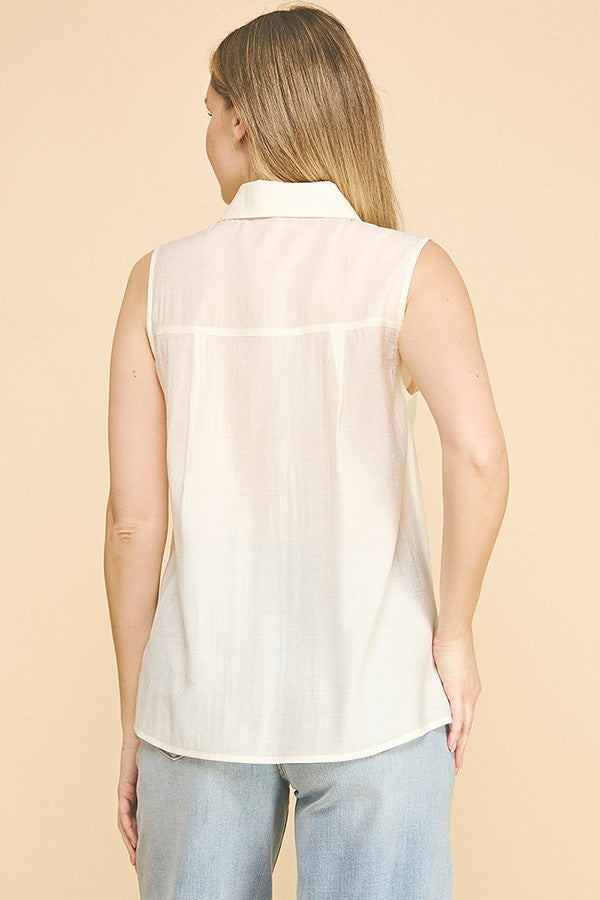 Lawn Linen Oversized Sleeveless Single Pocket Shirt Blouse