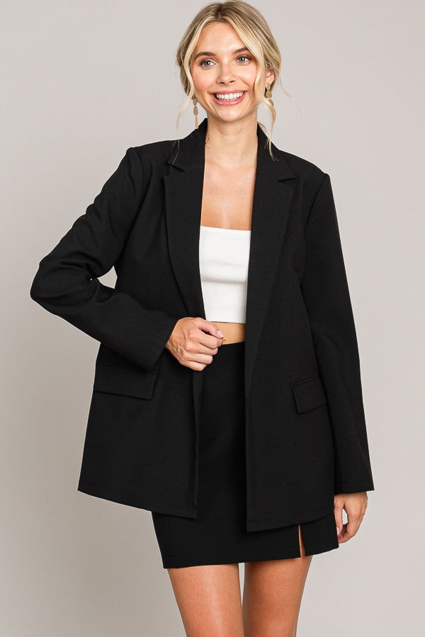 Twill Oversized Open Front Buttonless Blazer Jacket