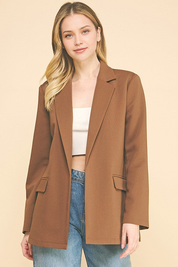 Twill Oversized Open Front Buttonless Blazer Jacket