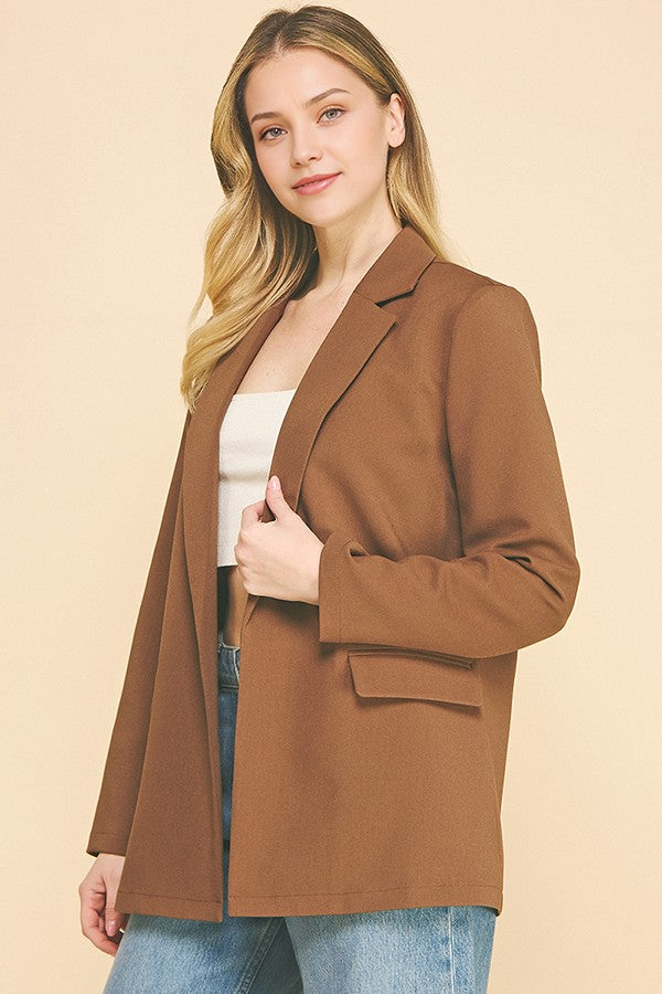 Twill Oversized Open Front Buttonless Blazer Jacket