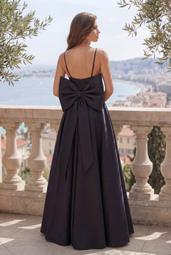 Long Black Prom Ball Gown Bow Tie Back