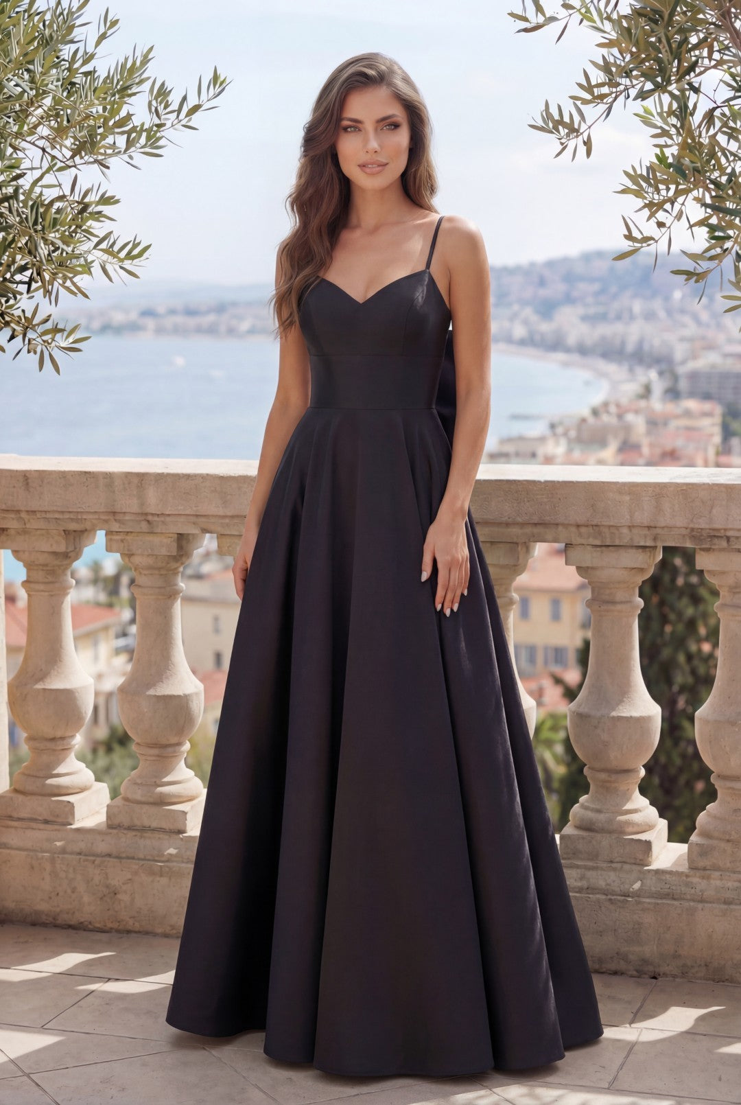 Long Black Prom Ball Gown Bow Tie Back