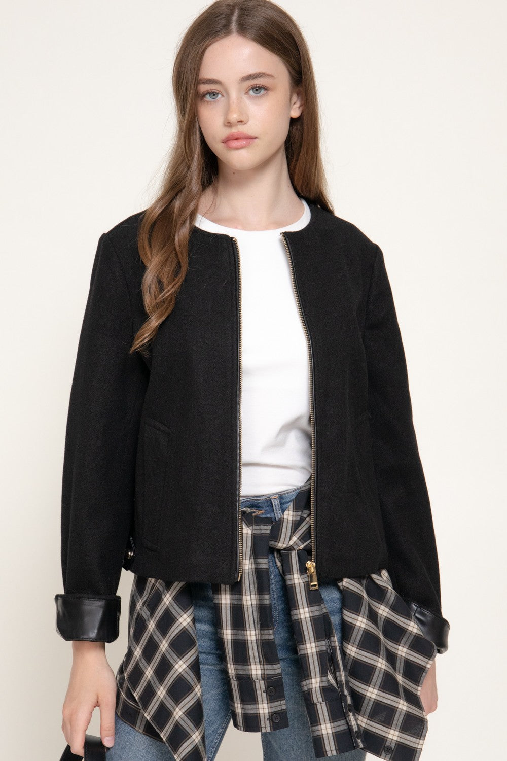 Long Slv Faux Leather Combination Felt Jacket