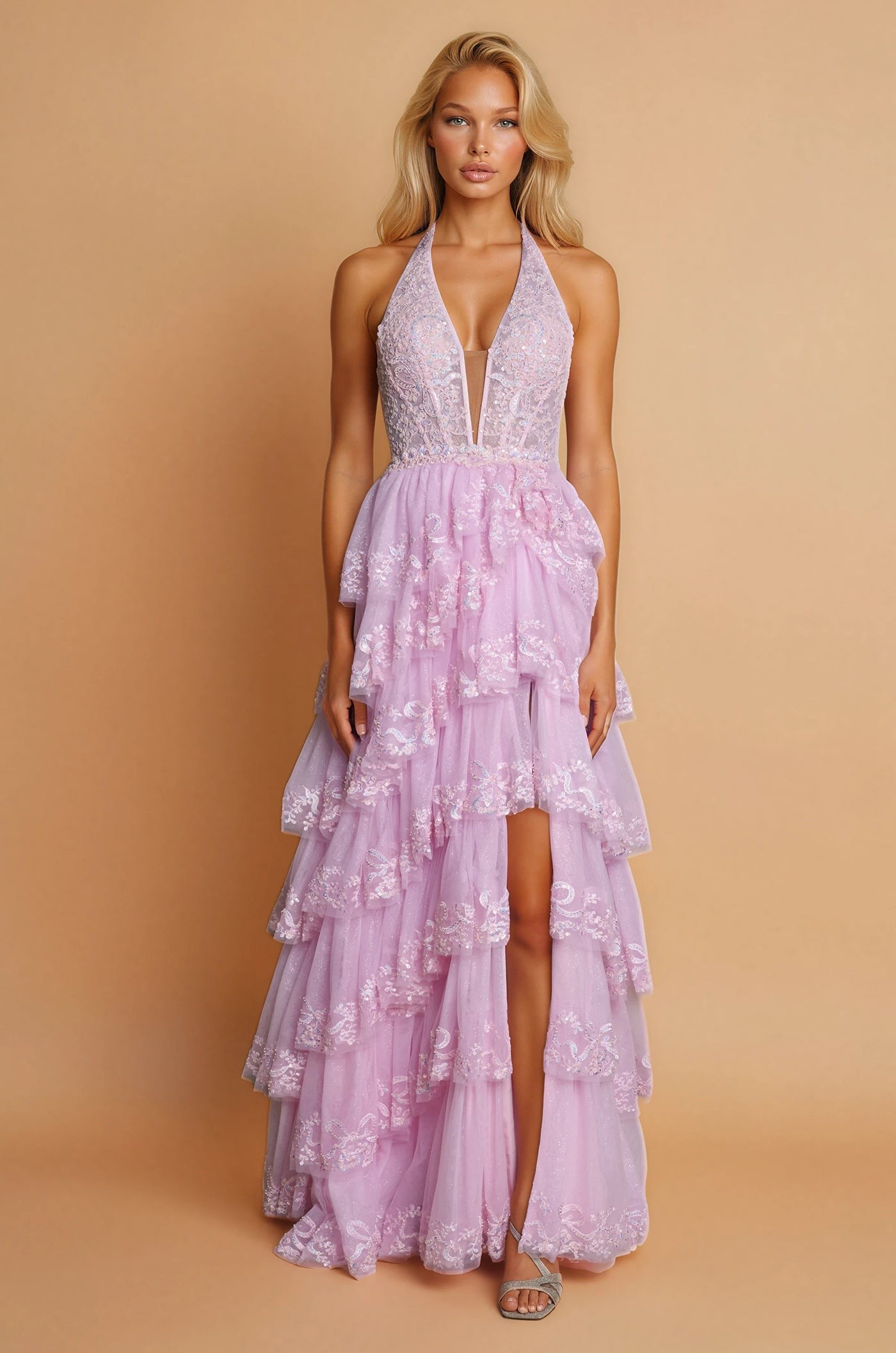 Long Formal Halter Neck Beaded Corset Prom Dress