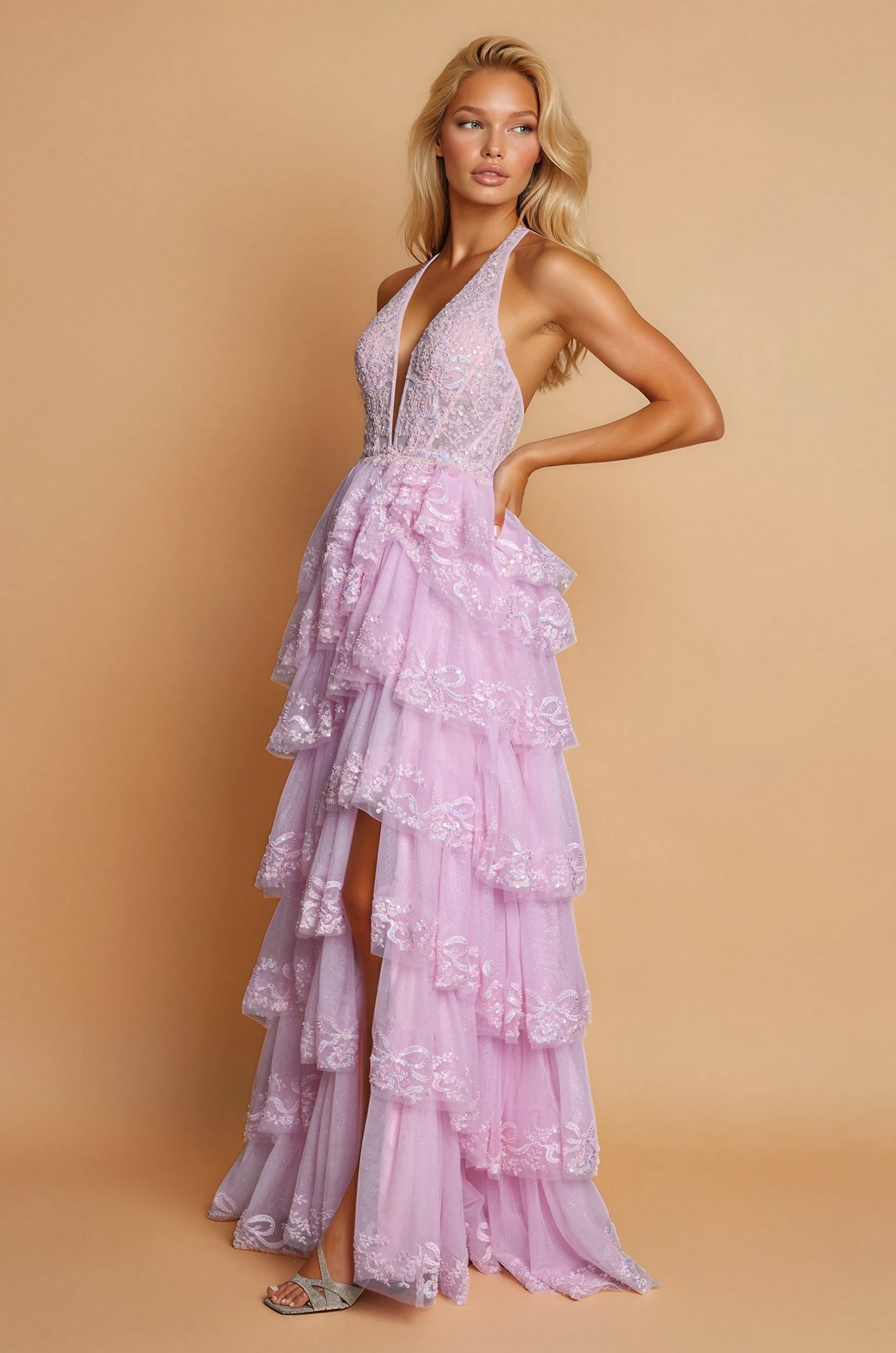 Long Formal Halter Neck Beaded Corset Prom Dress