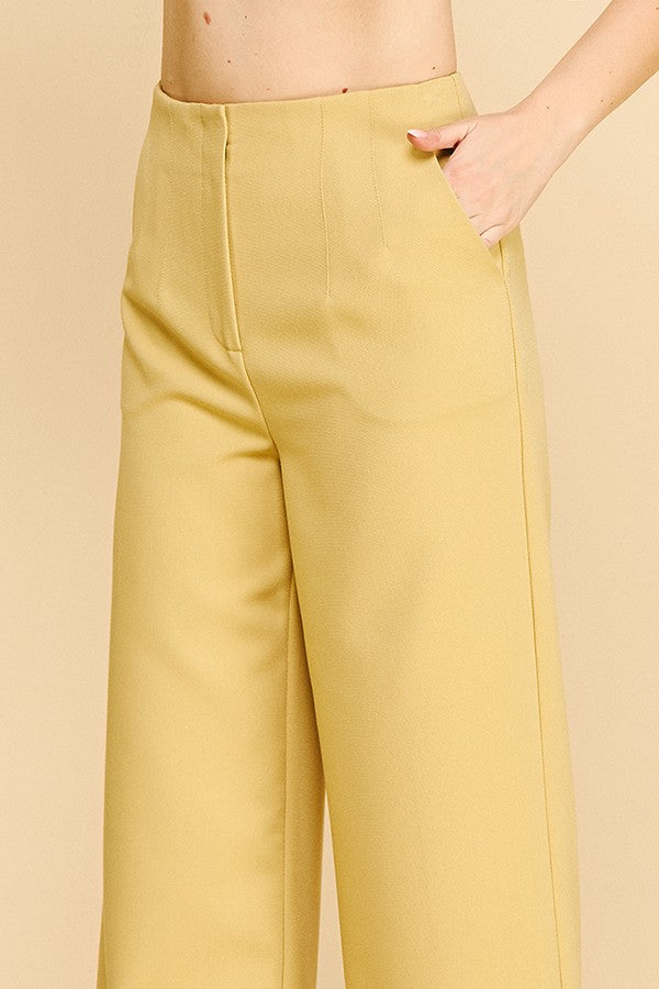 Twill Darted Waist Cropped Wide Straight Leg Trousers Pants