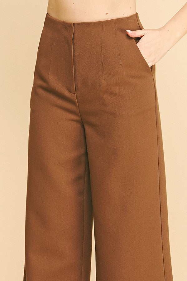 Twill Darted Waist Cropped Wide Straight Leg Trousers Pants
