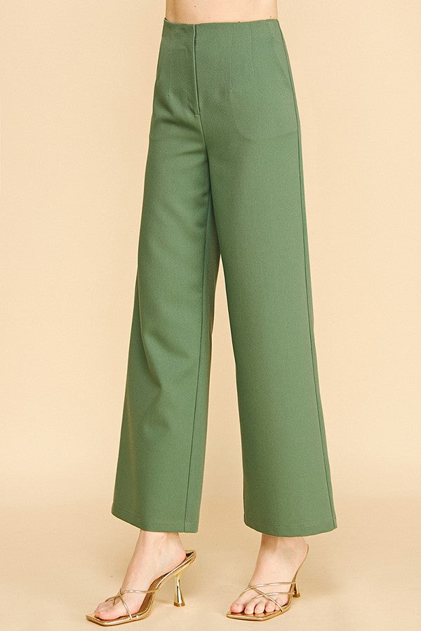 Twill Darted Waist Cropped Wide Straight Leg Trousers Pants