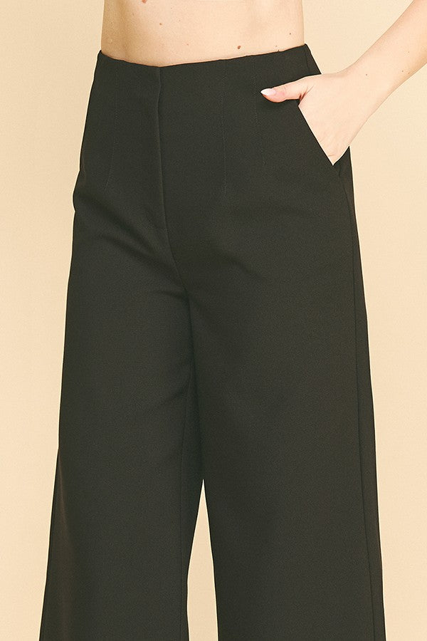 Twill Darted Waist Cropped Wide Straight Leg Trousers Pants