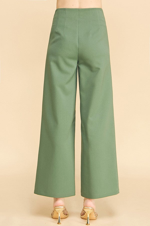 Twill Darted Waist Cropped Wide Straight Leg Trousers Pants