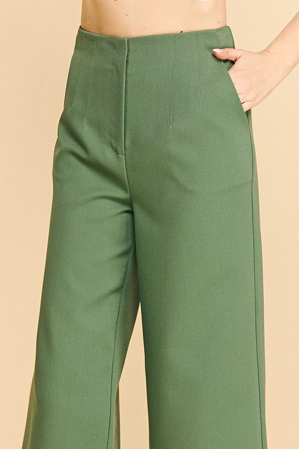 Twill Darted Waist Cropped Wide Straight Leg Trousers Pants