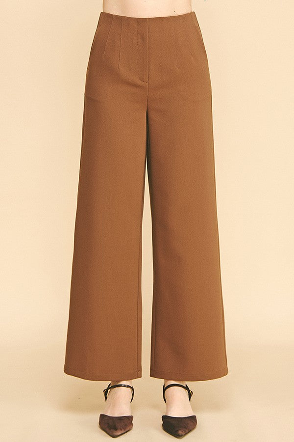 Twill Darted Waist Cropped Wide Straight Leg Trousers Pants