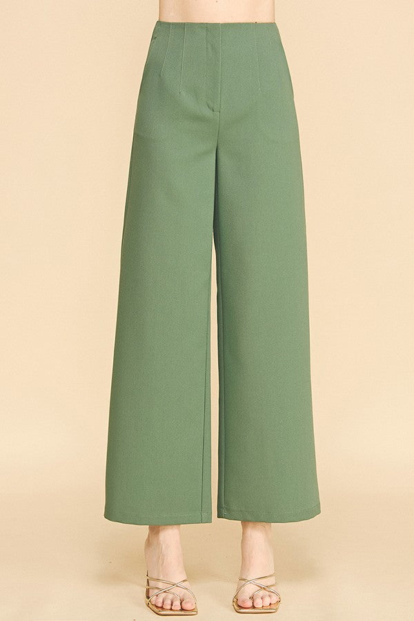 Twill Darted Waist Cropped Wide Straight Leg Trousers Pants