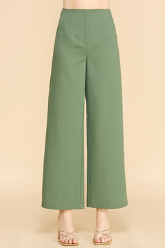 Twill Darted Waist Cropped Wide Straight Leg Trousers Pants