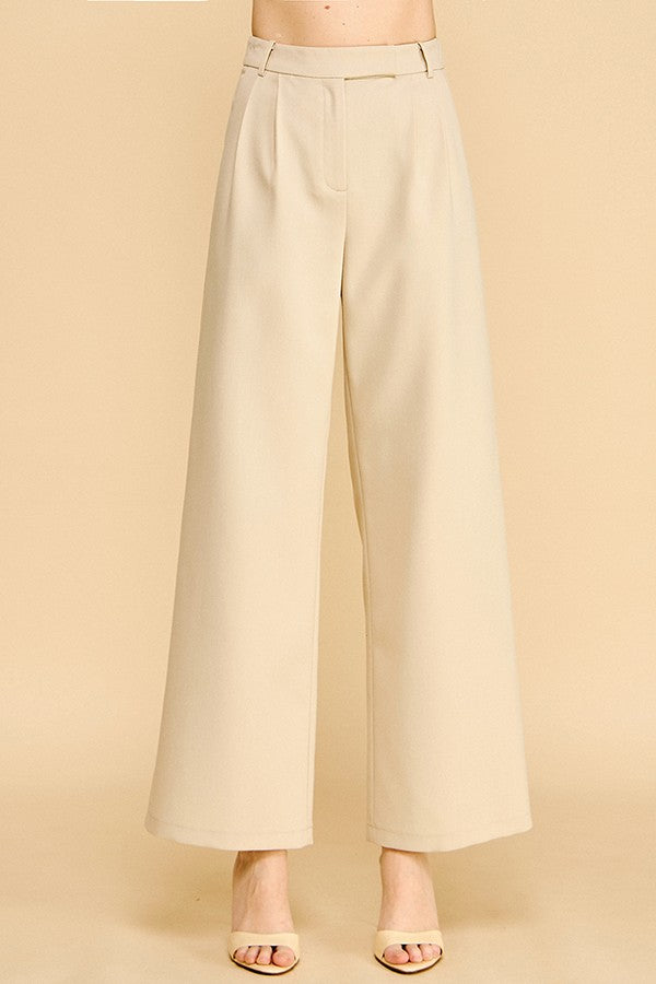 Twill Ponte Wide Straight Leg Offset Fly Trousers Pants