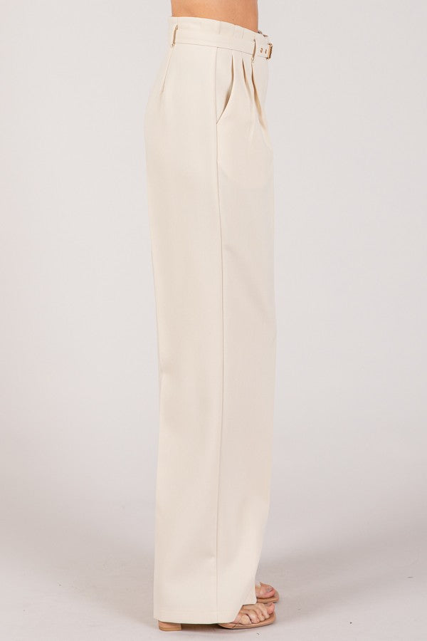 Twill Belted Double Pleated Waist Straight Wide Leg Trousers