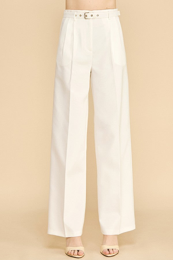 Twill Belted Double Pleated Waist Straight Wide Leg Trousers
