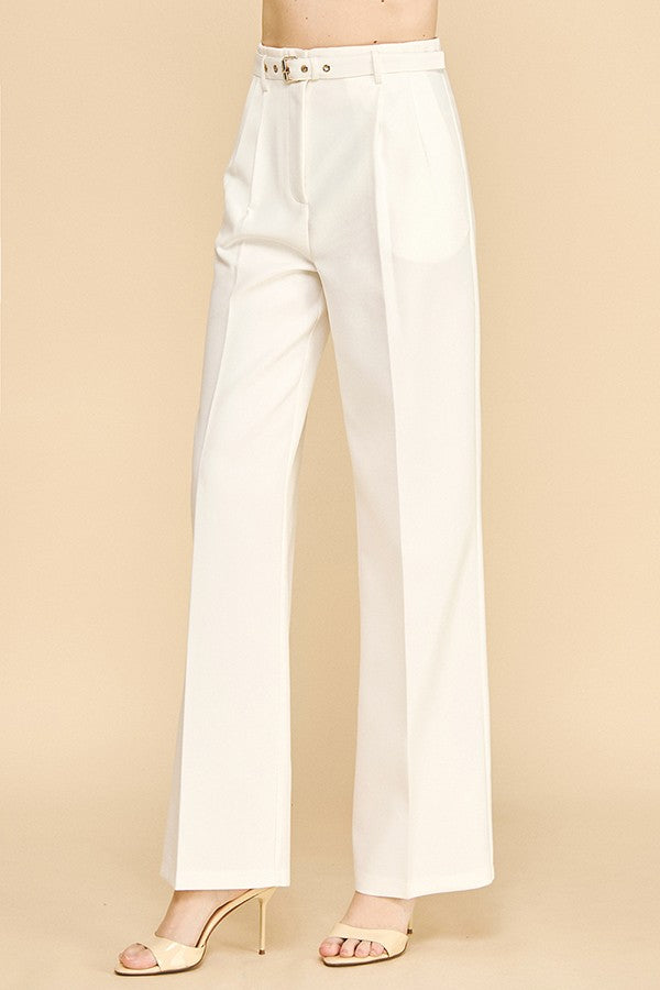 Twill Belted Double Pleated Waist Straight Wide Leg Trousers