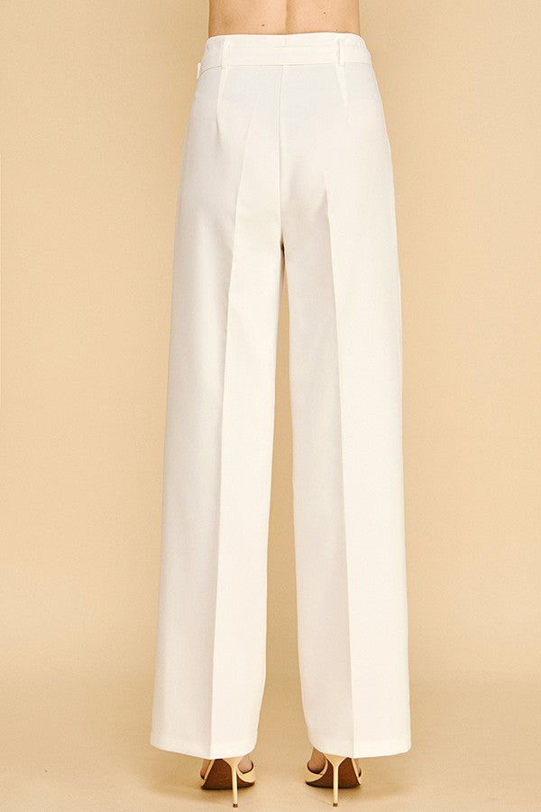 Twill Belted Double Pleated Waist Straight Wide Leg Trousers