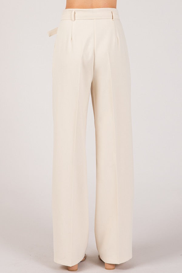 Twill Belted Double Pleated Waist Straight Wide Leg Trousers