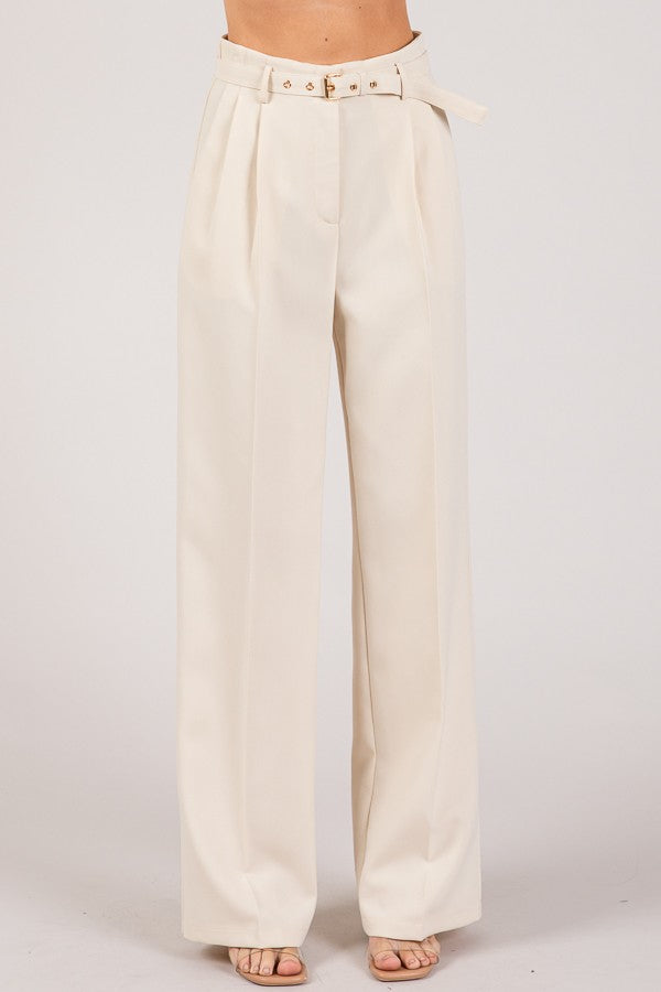 Twill Belted Double Pleated Waist Straight Wide Leg Trousers