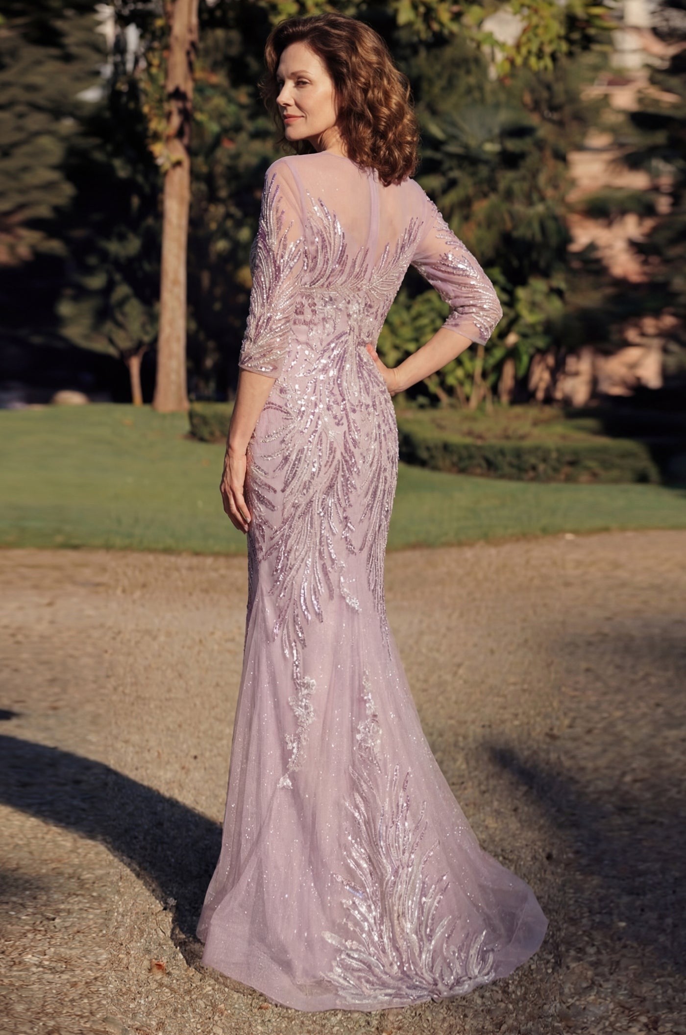Long Sleeve Formal Feather Sequins Evening Dress