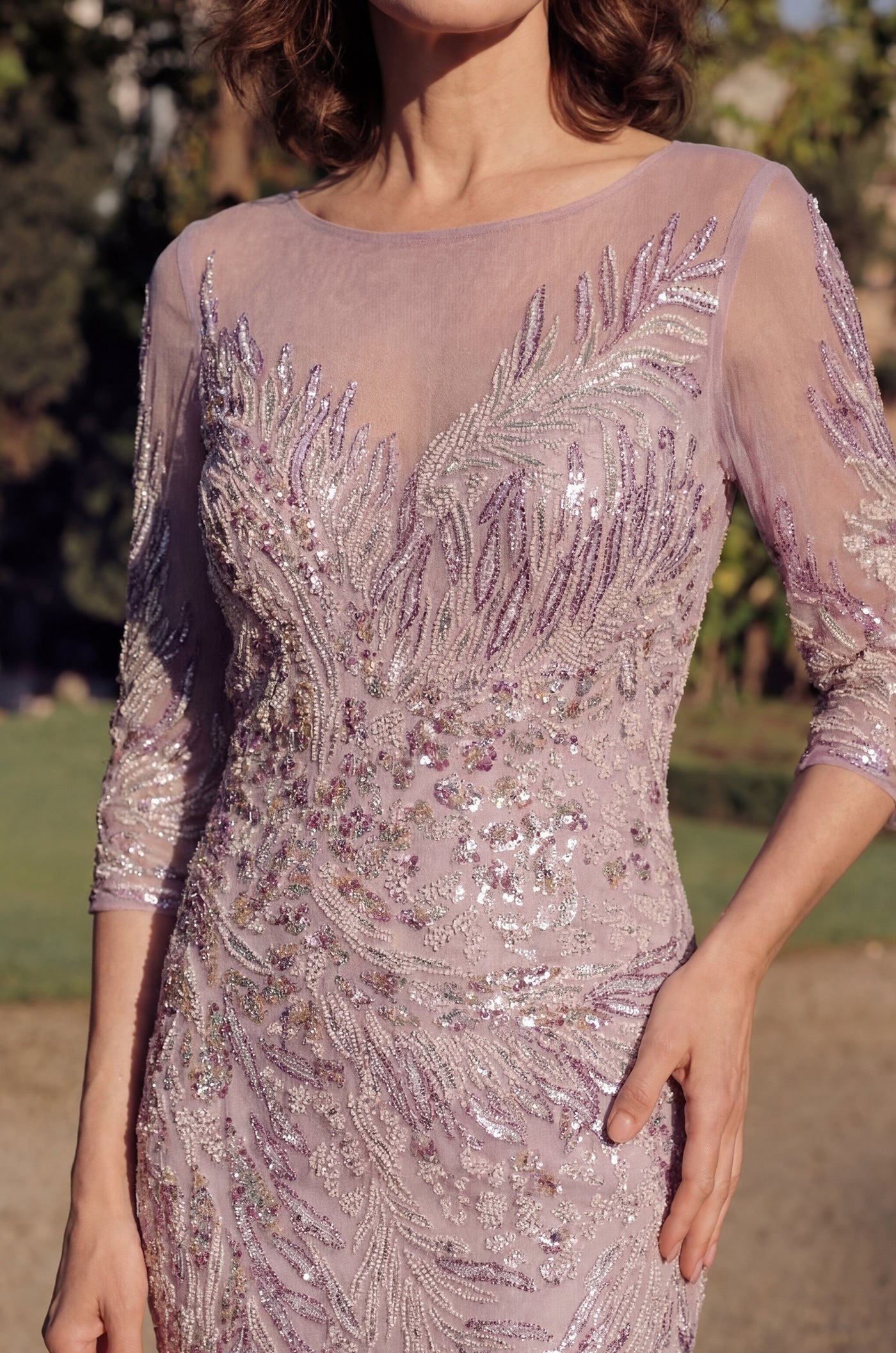 Long Sleeve Formal Feather Sequins Evening Dress