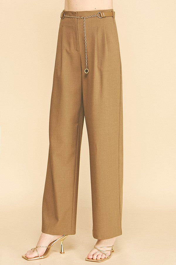 Twill Faux Gold Belt Chain Darted Waist Wide Leg Trousers