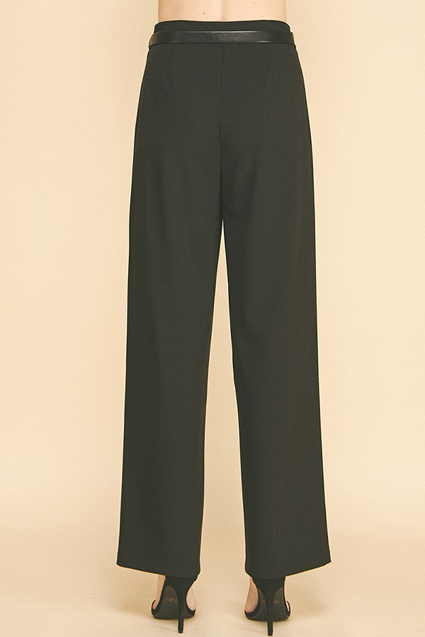 Twill Faux Gold Belt Chain Darted Waist Wide Leg Trousers