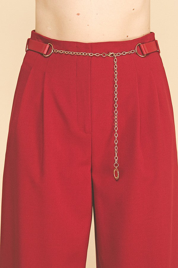 Twill Faux Gold Belt Chain Darted Waist Wide Leg Trousers