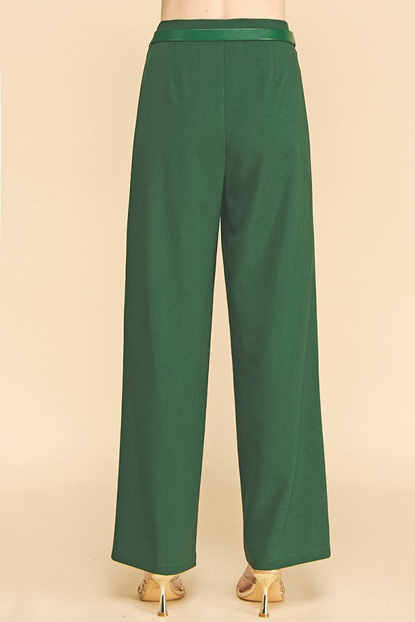 Twill Faux Gold Belt Chain Darted Waist Wide Leg Trousers