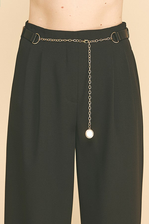 Twill Faux Gold Belt Chain Darted Waist Wide Leg Trousers