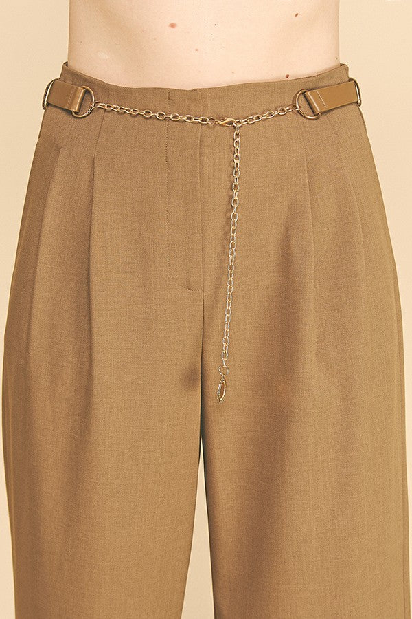 Twill Faux Gold Belt Chain Darted Waist Wide Leg Trousers