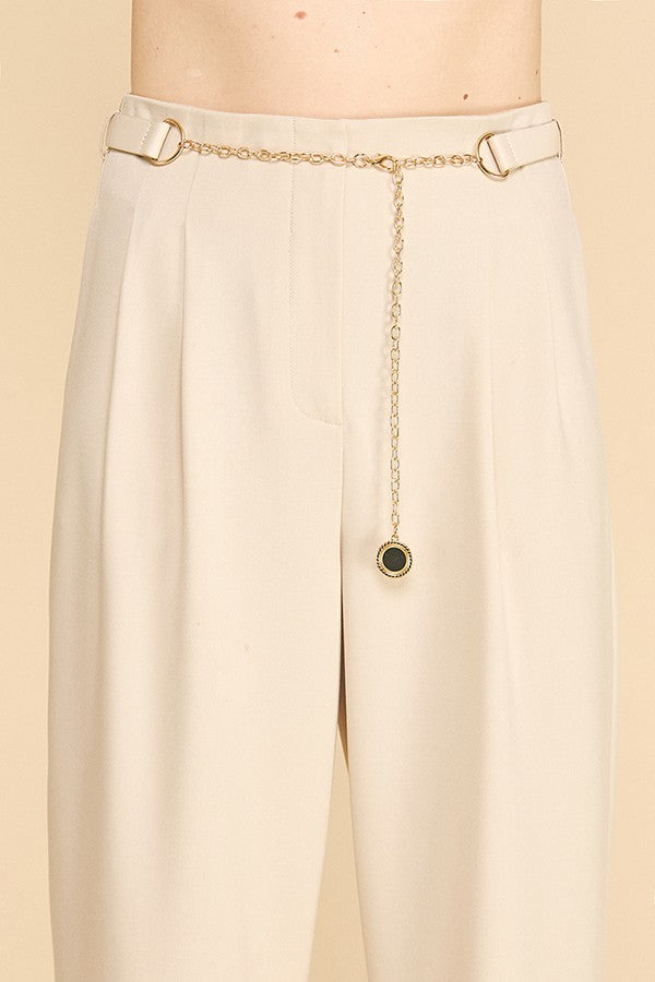 Twill Faux Gold Belt Chain Darted Waist Wide Leg Trousers