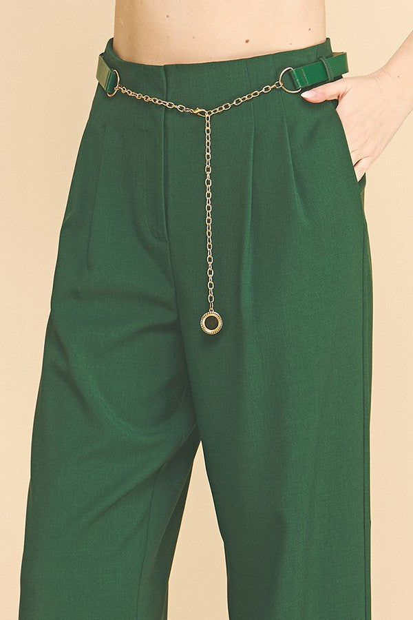 Twill Faux Gold Belt Chain Darted Waist Wide Leg Trousers