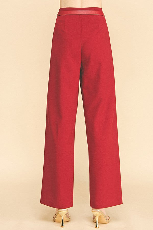 Twill Faux Gold Belt Chain Darted Waist Wide Leg Trousers