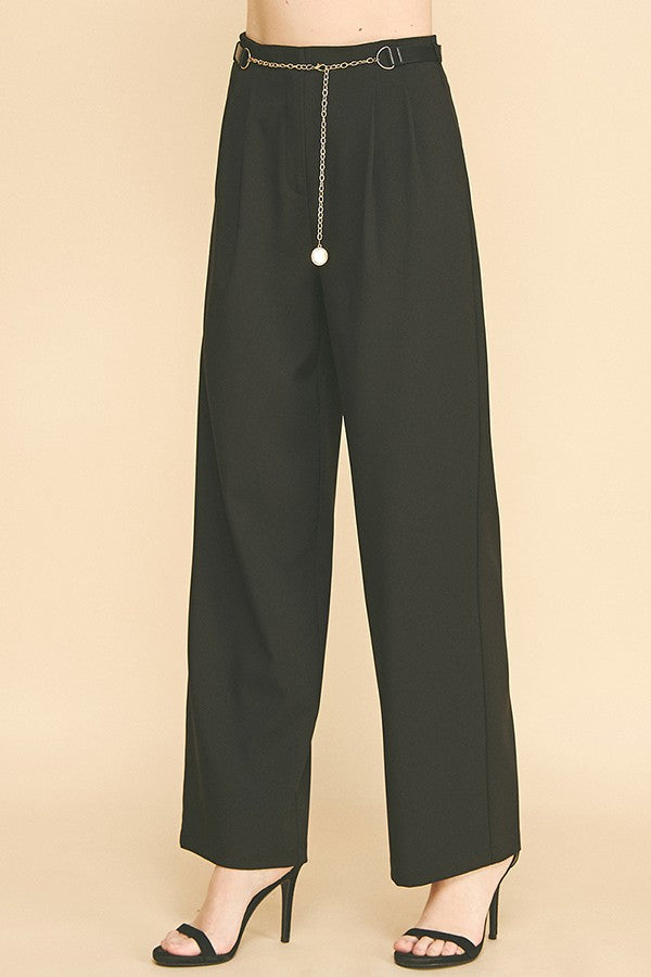 Twill Faux Gold Belt Chain Darted Waist Wide Leg Trousers