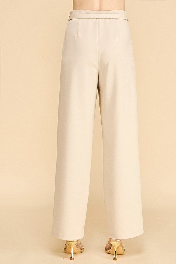 Twill Faux Gold Belt Chain Darted Waist Wide Leg Trousers