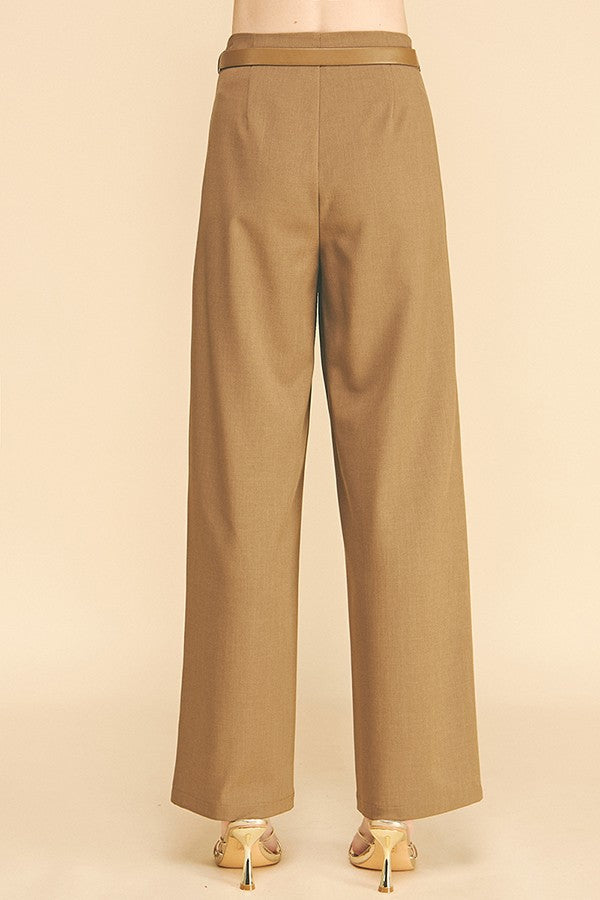 Twill Faux Gold Belt Chain Darted Waist Wide Leg Trousers