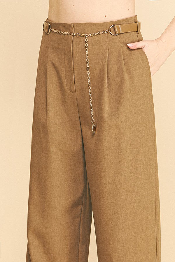 Twill Faux Gold Belt Chain Darted Waist Wide Leg Trousers